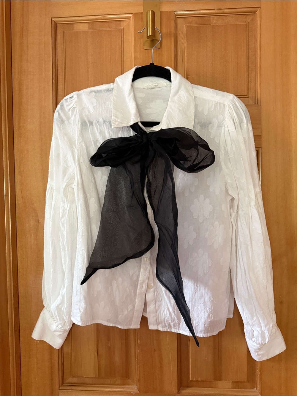 White Floral Jacquard Blouse with Black Sheer Bow
